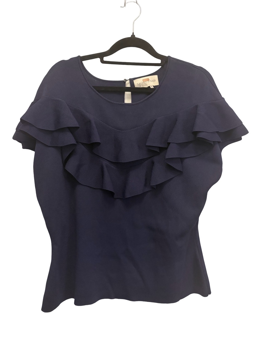 Sachin + Babi Navy Purple Ruffled Short Sleeve Knit Blouse Shirt Size XL